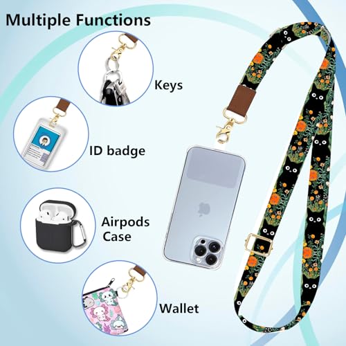 Phone Lanyard Wrist Strap Crossbody Adjustable, Cell Phone Lanyard for Around The Neck Shoulder Wristlet Strap - color: Green Flower Cats