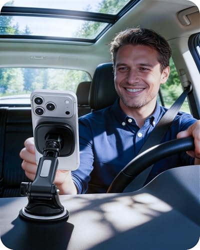 APPS2Car for MagSafe Car Mount, Dashboard & Windshield Suction Cup Holder with Telescopic Arm, Magnetic Phone Holder for Your Car, Designed for iPhone MagSafe Case (Black-Magsafe) - color: Black-Magsafe