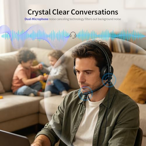 TOALLIN Wired Headset with Noise Canceling Mics, USB Stereo Headphones