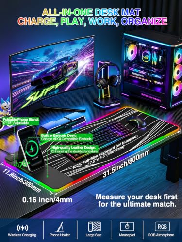 RGB Mouse Pad with Foldable Phone Stand Wireless Charger, 31.5"x11.8" XL Gaming Mousepad Large Desk Mat, Desk Pad with 11 Colors 5 Modes, Waterproof - color: Black Touch Control Stand XL Line