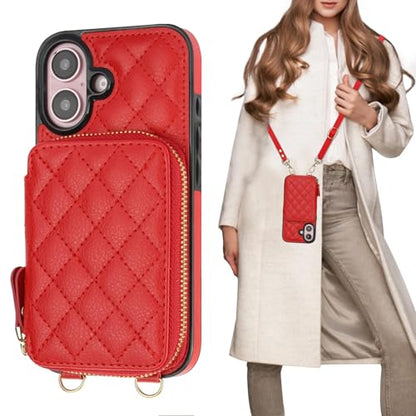 Bocasal Crossbody Wallet Case Card Holder for iPhone 16, Red | RFID Blocking PU Leather Zipper Handbag Purse, Kickstand Flip Folio Case with Card Slots Holder Wrist Strap Lanyard 6.1 Inch - color: Red