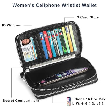 Double Zipper Wallet for Women RFID Blocking Cellphone Wristlet Large Size Multi Card Clutch Purse with Removable Strap, Black - color: Black
