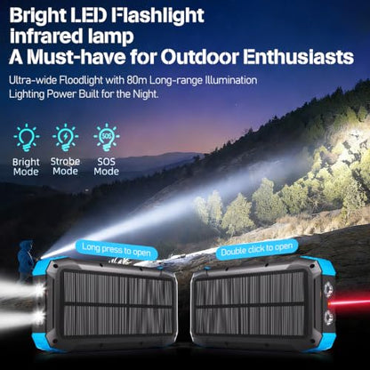 49800mAh Solar Power Bank with Hand Crank and 4 Cables, 3 in 1 Wireless Portable Charger with Camping Light & Compass, 25W Fast Charging USB C Battery for Camping Outdoor Emergency iPhone Android