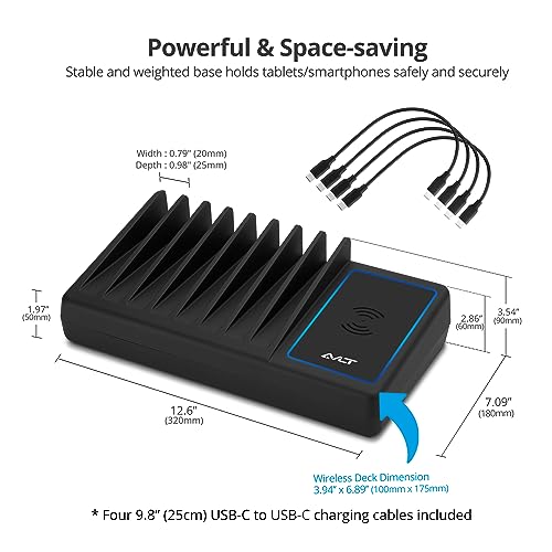 AVLT 150W 10 Port USB-A USB-C with Qi Wireless Charging Station - Black