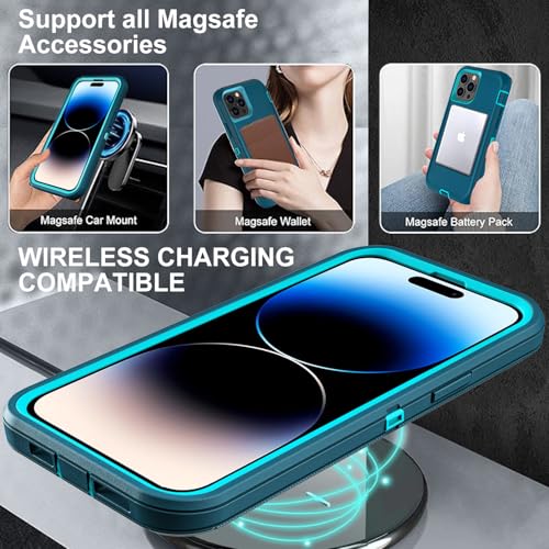 YKHJKLEC for iPhone 14 Pro Case, Compatible with Magsafe, Military Grade 3 in 1 Heavy Duty Shockproof/Drop Proof/Dust Proof Case with 2Pcs Tempered Glass Screen Protector (New-Blue/Turquoise) - color: New-Blue/Turquoise