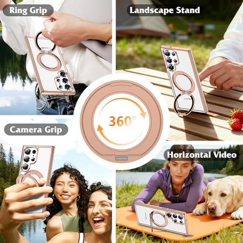 Compatible with Clear Samsung Galaxy S24 Ultra Case with 360° Invisible Magnetic Ring Stand [Compatible with Mag-Safe] Shockproof Plating Phone Case,Desert Gold - color: Desert Gold, size: Samsung Galaxy S24 Ultra