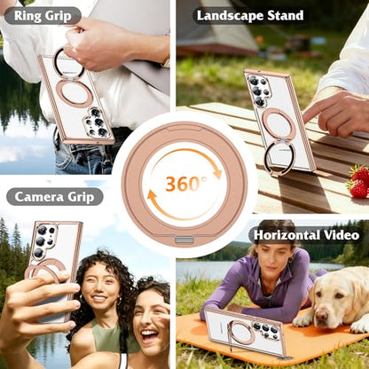 Compatible with Clear Samsung Galaxy S24 Ultra Case with 360° Invisible Magnetic Ring Stand [Compatible with Mag-Safe] Shockproof Plating Phone Case,Desert Gold - color: Desert Gold, size: Samsung Galaxy S24 Ultra
