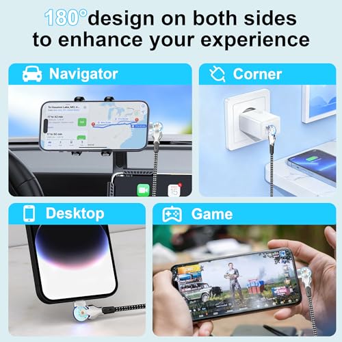 90 Degree iPhone Charger Cord with 180°Rotating Head, 6.6FT Swivel Right Angle Lightning Cable for Apple Carplay, MFi Certified Charger for iPhone 14 13 12 11 X Xs Pro, iPad