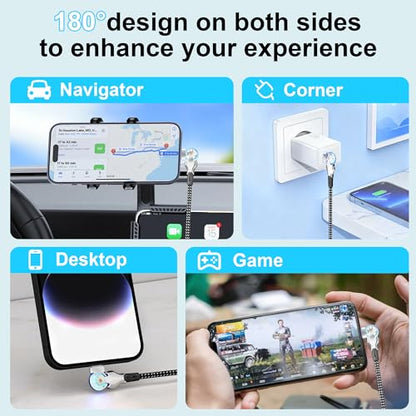 90 Degree iPhone Charger Cord with 180°Rotating Head, 6.6FT Swivel Right Angle Lightning Cable for Apple Carplay, MFi Certified Charger for iPhone 14 13 12 11 X Xs Pro, iPad