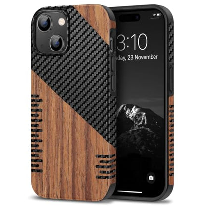 TENDLIN Compatible with iPhone 15 Case Wood Grain with Carbon Fiber Texture Design Leather Hybrid Slim Case (Twill) - color: Twill, size: iPhone 15