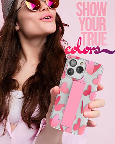 ENCASED Finger Loop Case Designed for iPhone 14 Pro Max with Hand Strap Grip, Cute Pink Butterfly-Heart Design (Screen Protector Included) - color: Pink Heart Butterfly