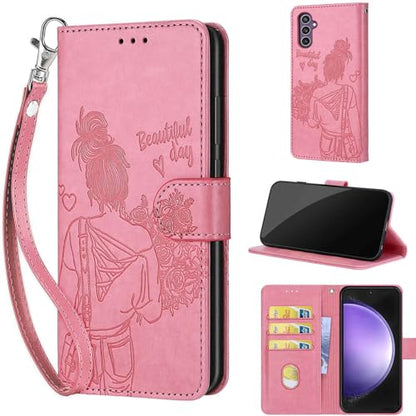 Wallet Case for Samsung Galaxy S23 FE, Pink Girl | Women Flip Folio Cover, Embossed PU Leather, Stand, Credit Card Holders Slots, Wrist Strap - color: 9