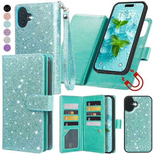 Varikke for iPhone 16 Glitter Case Wallet Magnetic Detachable, Mint Green - color: (Standard) Mint, size: iPhone 16 6.1"