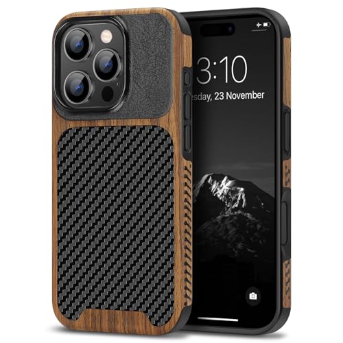 TENDLIN Compatible with iPhone 16 Pro Phone Case Wood Grain with Carbon Fiber Texture Design Leather Hybrid Slim Case (Black) - color: Black, size: iPhone 16 Pro