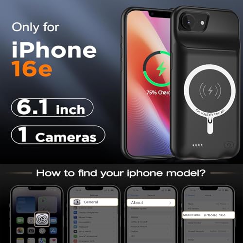 Battery Case for iPhone 17e, 10000mAh Portable Protective Charging Case with Wireless Charging Compatible for iPhone 16e/ 17e (6.1 inch) Rechargeable Battery Pack Charger Cover with Carplay (Black) - size: iPhone 16e/17e