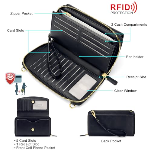 Peacocktion Womens Crossbody Wristlet Wallets with Cell Phone Pocket RFID Vegan Leather Cross Body Purses Travel - color: 01-black