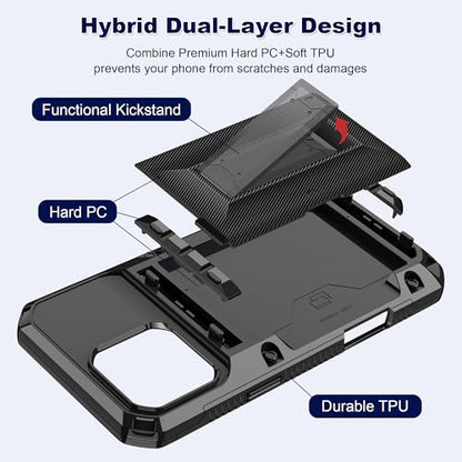 SAMONPOW for iPhone 16 Pro Case with Card Holder [4 Cards] &Kickstand Black - size: for iPhone 16 Pro