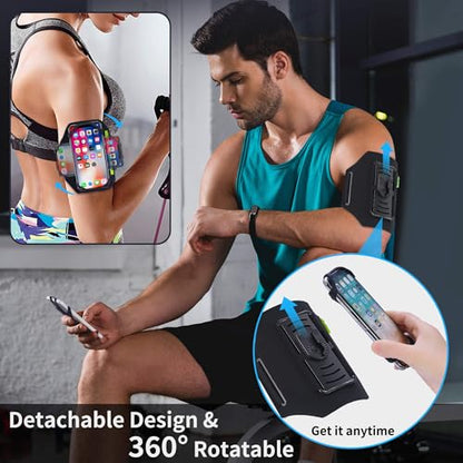 Detachable & 360° Rotatable Armband - Reflective Strap with Zipper Pocket Holder Bag - Compatible with iPhone 16 15 14 Pro Max Plus Samsung Galaxy Note for Running Workout Exercise Walking & Sports - color: Green With Bag