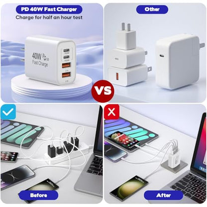 10FT iPhone 17 16 15 Pro Charger,2Pack 10Foot USB C to C Woven Cable Cord 40W USB C Apple Charger 4 Port PD&AC Charge Block Fast Charging for iPhone 17 Air/17 16 15 Pro Max/16e/16 Plus/15/15 Pro/iPad - size: 10FT