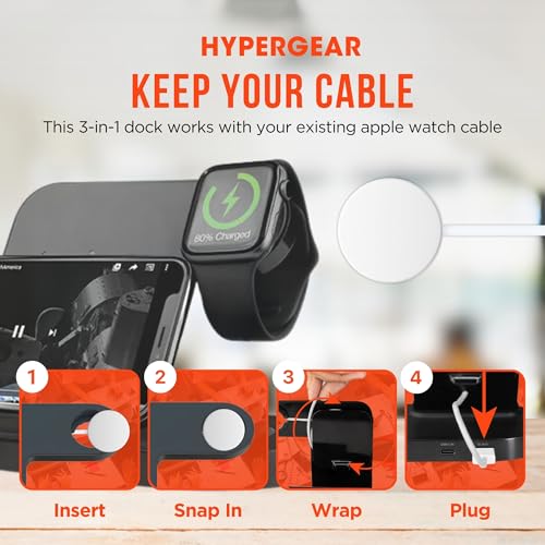 HyperGear 3-in-1 Wireless Charging Station - Phone Charger Stand for Multiple Devices with 10W Fast Charge, Phone & Watch Charger Station for iPhone, Android & AirPods