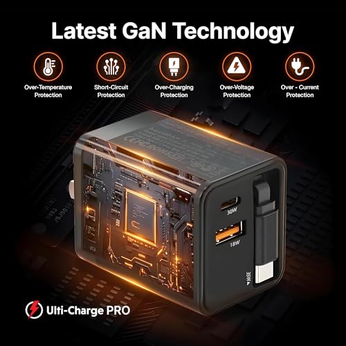 Ulti Charge Pro 65W USB C Charger with 25 Inch Retractable USB C Cable