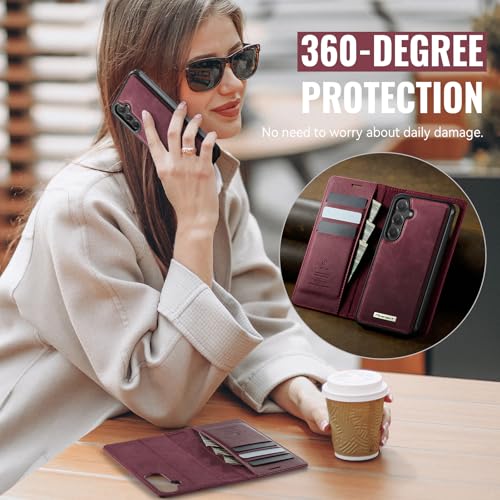 for Samsung Galaxy S25 Plus 2in1 Detachable Wallet Case, Burgundy | Compatible with Magsafe, Magnetic, RFID Blocking Card Holder, Shockproof, Kickstand, Wireless Charging, PU Leather Flip Cover - color: Retro Burgundy, size: Galaxy S25 Plus - 6.7"