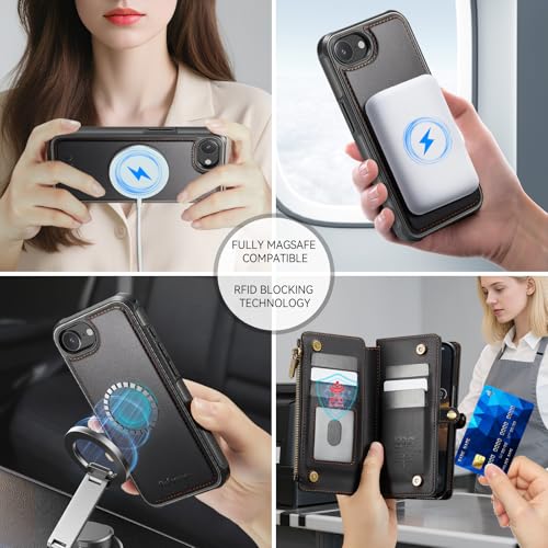 Defencase for iPhone 17e/16e Case Wallet Compatible with Magsafe, Black | Drop-Proof Magnetic Detachable Phone Cases Cover, with RFID Bolcking Card Holder, Zipper Strap, PU Leather, Removable Wallet - color: (Detachable with Magsafe)-Black