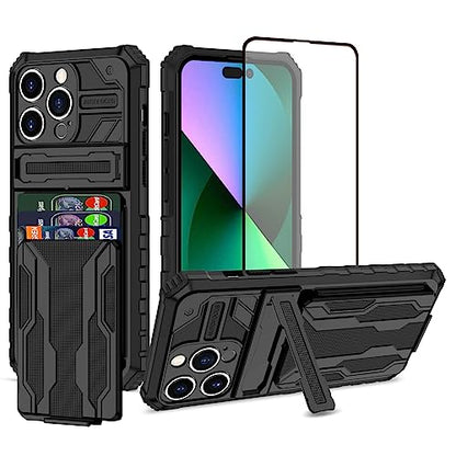 for iPhone 15 Pro Max Wallet Case with Card Holder, Black | Detachable Card Holder, Built-in Kickstand, with Screen Protectors, Military Grade, Full Body Shockproof - size: for iPhone 15 Pro Max - 6.7''