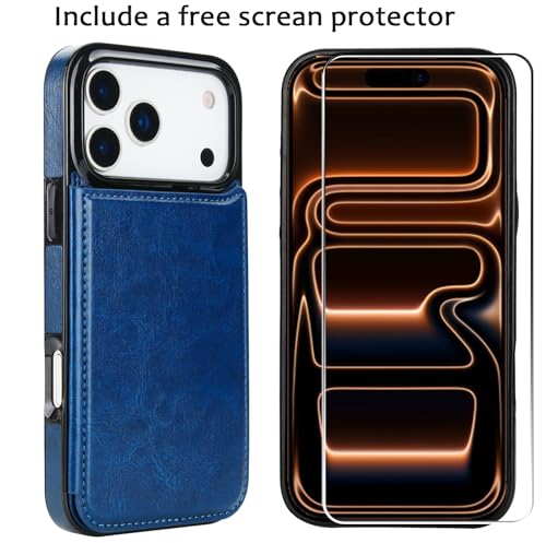 for iPhone 17 Pro Max Wallet Case with Screen Protector, Slim PU Leather Protective Case with Card Holder[RFID Blocking] Kickstand Cover 6.9“-Deep Blue - color: Deep Blue