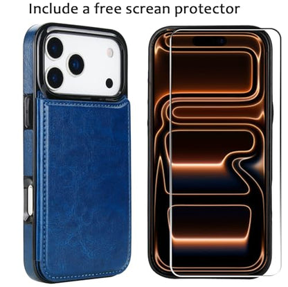 for iPhone 17 Pro Max Wallet Case with Screen Protector, Slim PU Leather Protective Case with Card Holder[RFID Blocking] Kickstand Cover 6.9“-Deep Blue - color: Deep Blue