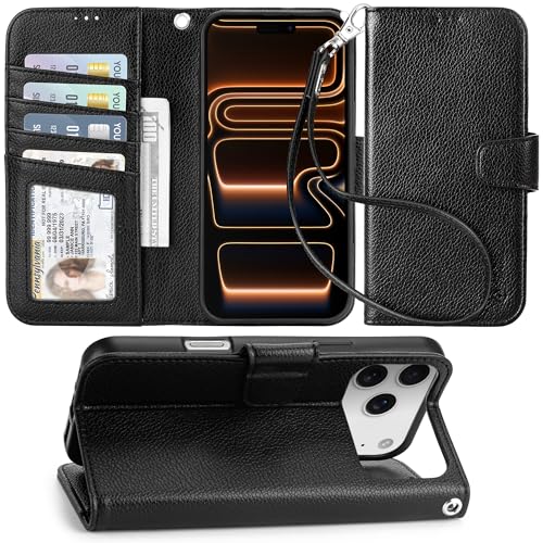 Arae Compatible with iPhone 17 Pro Max Case Wallet with Card Holder, Wristlet Strap Wallet Flip Cover for iPhone 17 Pro Max 6.9 inch Men/Women, RFID Blocking, Kickstand, Litchi Black - color: Litchi Black, size: iPhone 17 Pro Max 6.9 inch