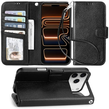 Arae Compatible with iPhone 17 Pro Max Case Wallet with Card Holder, Wristlet Strap Wallet Flip Cover for iPhone 17 Pro Max 6.9 inch Men/Women, RFID Blocking, Kickstand, Litchi Black - color: Litchi Black, size: iPhone 17 Pro Max 6.9 inch