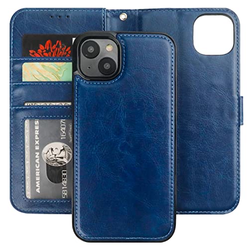 Bocasal Detachable Wallet Case Card Holder for iPhone 14 Plus, Blue | RFID Blocking Kickstand Card Slots Holder PU Leather Magnetic Shockproof Wrist Strap Removable Flip Protective Cover 6.7 inch - color: Blue