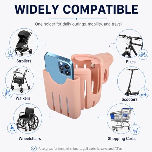 2 in 1 Universal Cup Holder with Phone Mount Tool-Free Clamp On for Stroller Walker Wheelchair Bike Scooter 360 Degree Rotatable Pink - color: Pink