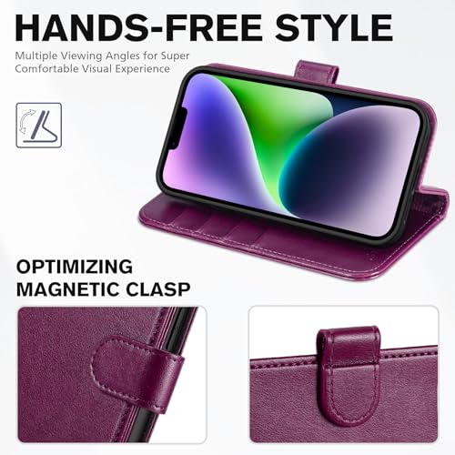 TUCCH Wallet Case for iPhone 14 (6.1") 2022, Flip Stand, Plum Purple | RFID Blocking, 4 Card Holders, Kickstand, PU Leather, Shockproof TPU Shell, Magnetic Closure, Protective Folio Cover - color: Plum Purple