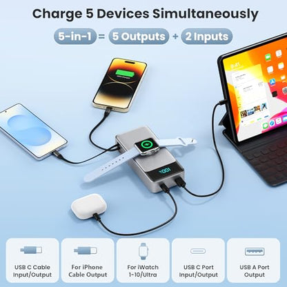 5-in-1 Portable Charger for iPhone,40800mAh Power Bank Built-in Retractable Cable and iWatch Charger,25W PD QC4.0 Fast Charging Battery Pack,Travel Essential Phone Charger for iPhone 17/16/15,Android - color: Black Sliver