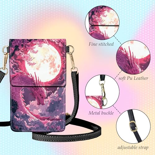 Small Crossbody Bags for Women Touchscreen Cell Phone Bag Cross Body Purses with adjustable Strap,Gifts For Teenage Girls - color: Pink Dragon & Full Moon