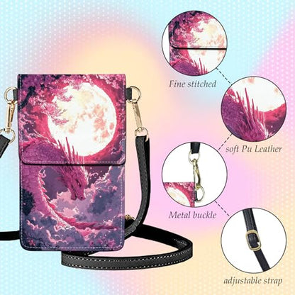 Small Crossbody Bags for Women Touchscreen Cell Phone Bag Cross Body Purses with adjustable Strap,Gifts For Teenage Girls - color: Pink Dragon & Full Moon
