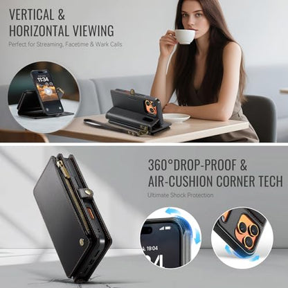 Defencase for iPhone 17 Pro Max Case Wallet Compatible with Magsafe, Black | Drop-Proof Magnetic Detachable Phone Cases Cover, with RFID Bolcking Card Holder, Zipper Strap, PU Leather, Removable Wallet - color: (Detachable with Magsafe)-Black