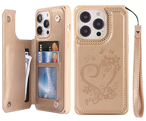 iCoverCase Compatible with iPhone 14 Pro Max Wallet Phone Case with Card Holder for Women, RFID Blocking Embossed PU Leather Wrist Strap Case 6.7 Inch (Heart Gold) - color: H-Gold