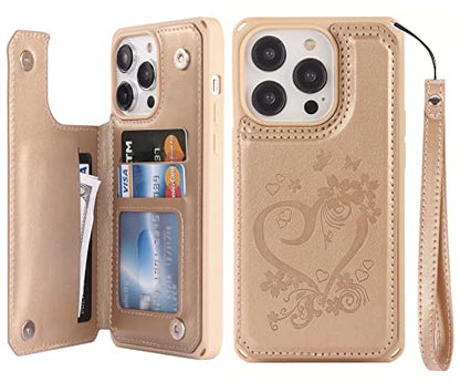 iCoverCase Compatible with iPhone 14 Pro Max Wallet Phone Case with Card Holder for Women, RFID Blocking Embossed PU Leather Wrist Strap Case 6.7 Inch (Heart Gold) - color: H-Gold