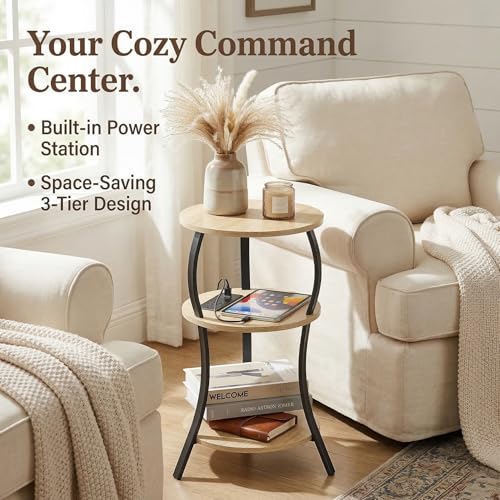 YEAKOO Small Side Table with Charging Station,3-Tier Round end Table - color: Oak, style: USB Charger