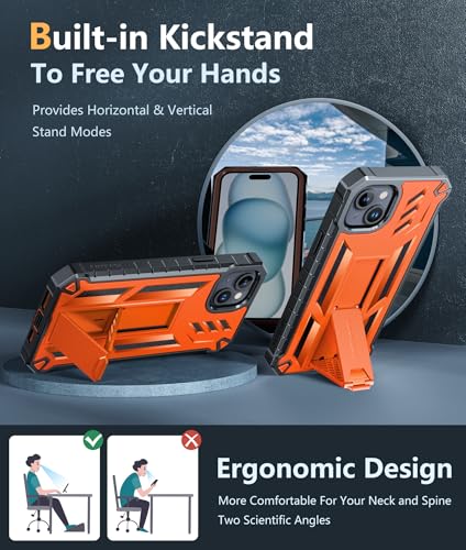 FNTCASE for iPhone 15 Plus Case, Built-in Screen Protector, Kickstand | Military-Grade Drop Protection, Anti-Slip Matte Textured, Rugged Heavy Duty Shockproof TPU Protective Cover - color: Orange