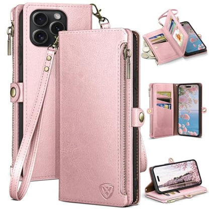 XcaseBar Compatible with iPhone 16 Pro 6.3" Wallet case with Zipper Credit Card Holder【RFID Blocking】,Flip Folio Book PU Leather Phone case Shockproof Cover Men Women for Apple 16 Pro case Rose Gold - color: Rose Gold