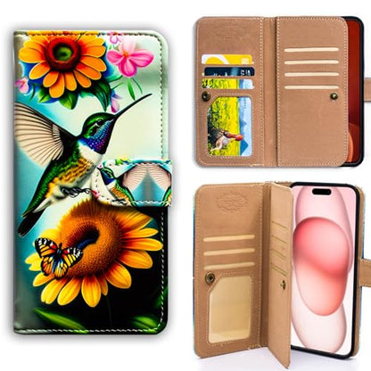 Bcov Case for iPhone 16,Green Hummingbird Butterfly Multifunction Leather Phone Case Wallet Flip Cover with Multi Card Slots Pocket Wrist Strap for Apple iPhone 16 - color: Green Hummingbird Butterfly