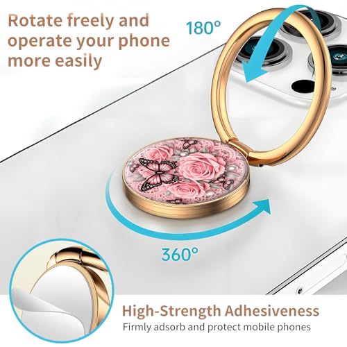 Cell Phone Ring Holder, Cute Metal Phone Grip Stand Finger Ring Kickstand, Flexible 360°Rotation Phone Tablet Case Accessories Compatible with Most Phones Pink Rose Butterfly - color: Pink Rose Butterfly