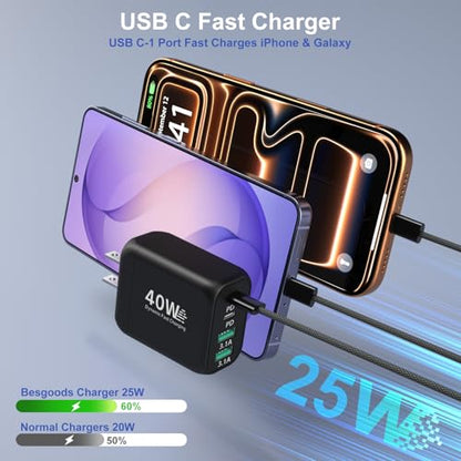 40W USB C Charger Block, Besgoods 25W Super Fast Charging with 6ft Long Braided USB C Cable Set for iPhone 17 16 15 Pro Max Galaxy S26 S25 iPad Tablets Androids - color: Black
