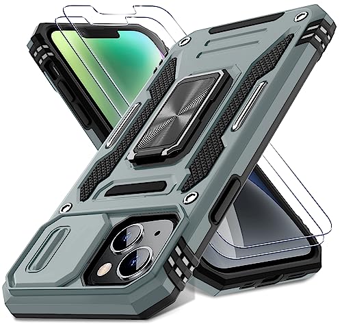 DEERLAMN Case for iPhone 13/iPhone 14 6.1-Inch with Slide Camera Cover+Screen Protector(2 Packs),Rotated Ring Kickstand Military Grade Shockproof Protective Cover-Grey - color: Grey