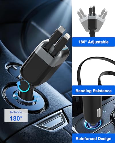 87W Retractable Car Charger, Cigarette Lighter USB Charger for iPhone 17