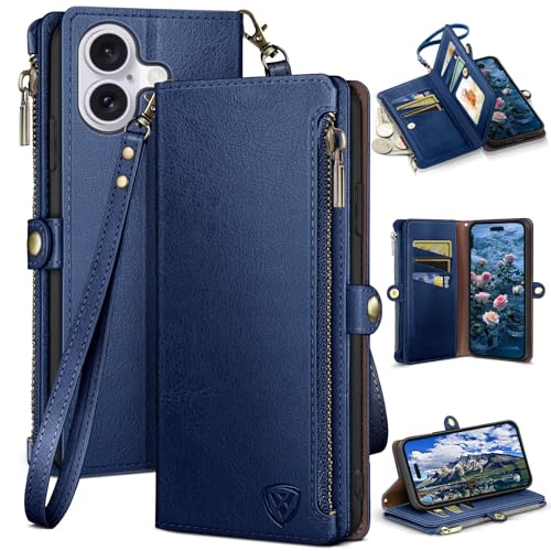 XcaseBar compatible with iPhone 16 Plus 6.7" Wallet case with Zipper Credit Card Holder【RFID Blocking】,Flip Folio Book PU Leather Phone case Shockproof Cover Women Men for Apple 16 Plus case Blue - color: Blue
